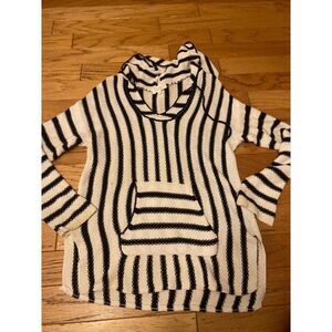 Two by Vince Camuto, women's black/white striped long sleeve hooded knit sweater